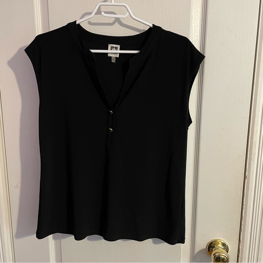 Anne Klein Black Fitted Top with Mandarin Collar